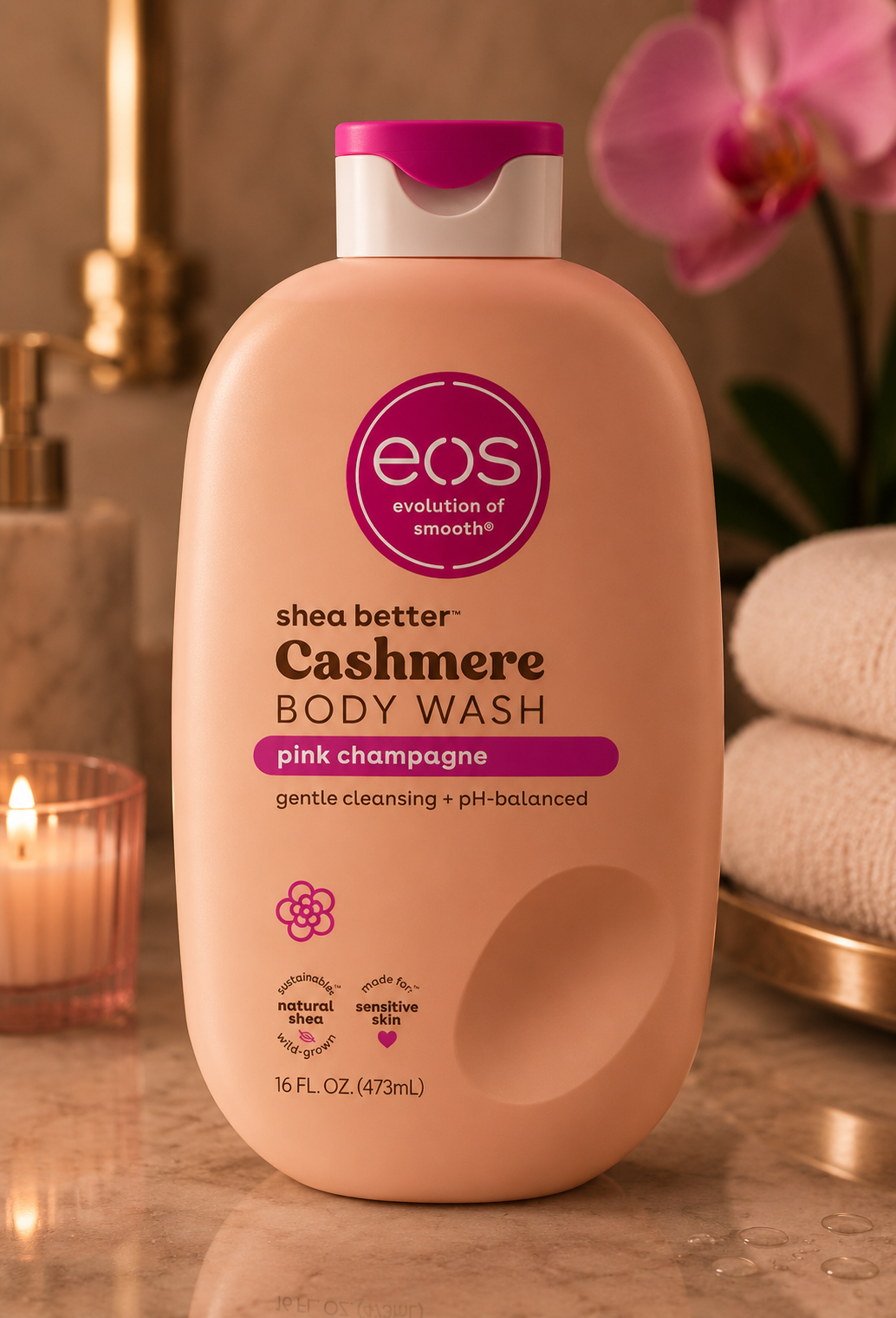 eos Cashmere Body Wash – Pink Champagne, Moisturizing Body Wash, Creamy Gel Formula, with Shea Butter, Glycerin, Vitamin E, pH Balanced, Sensitive Skin, Vegan, 16 fl oz